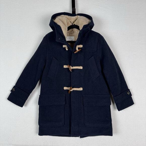 Zara Kids Wool Navy Blue Hooded Duffle Coat Wooden Toggle Sherpa Lined Size 8 - Picture 1 of 9